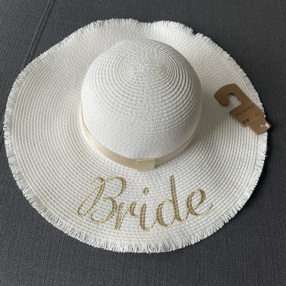 Primark White Bride Beach Sun Hat with Gold Detail Honeymoon Bachelorette